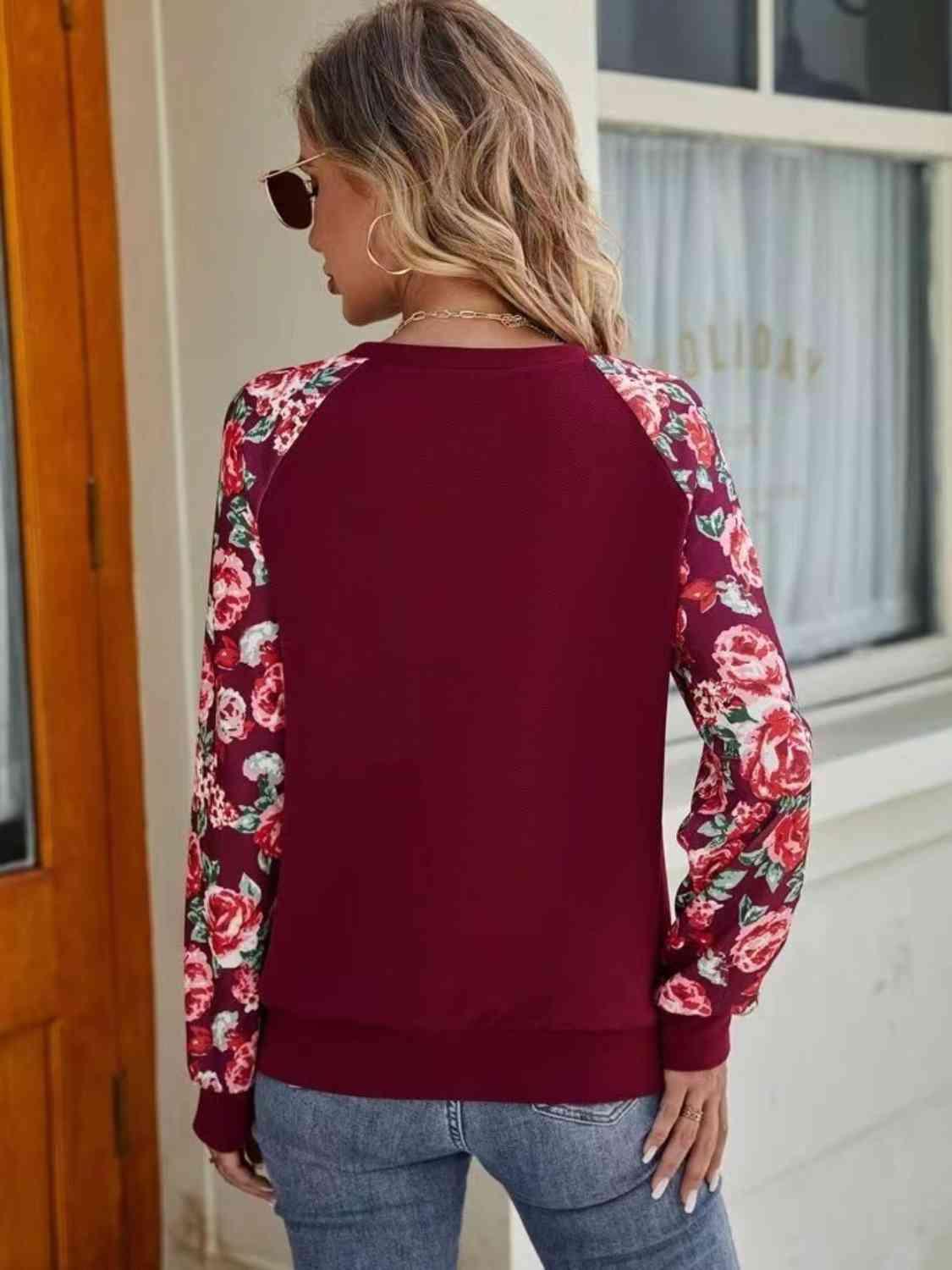 Floral Raglan Sleeve Round Neck Sweatshirt - Chic Yana's Fashion