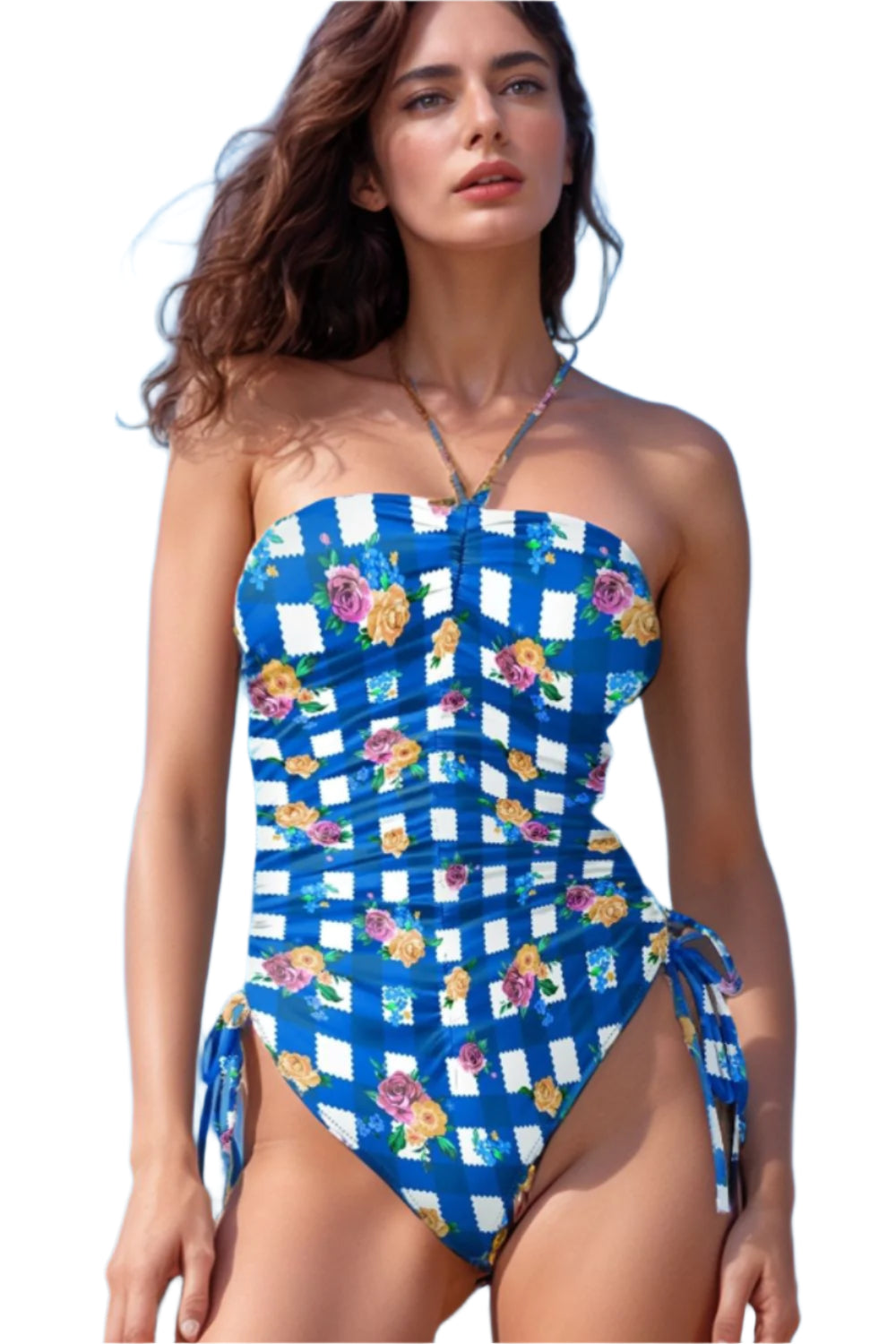 Floral Gingham Halter Neck Drawstring One Piece Swimwear - Stylish and Trendy Women's Fashion from Chic Yana's Fashion