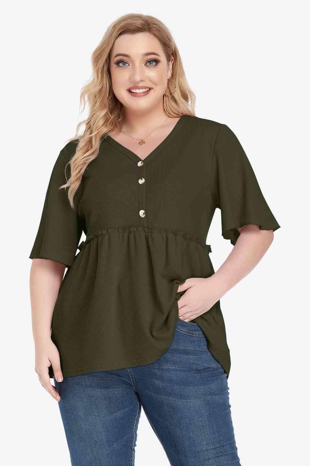 Plus Size Buttoned V Neck Frill Trim Babydoll Blouse - Chic Yana's Fashion