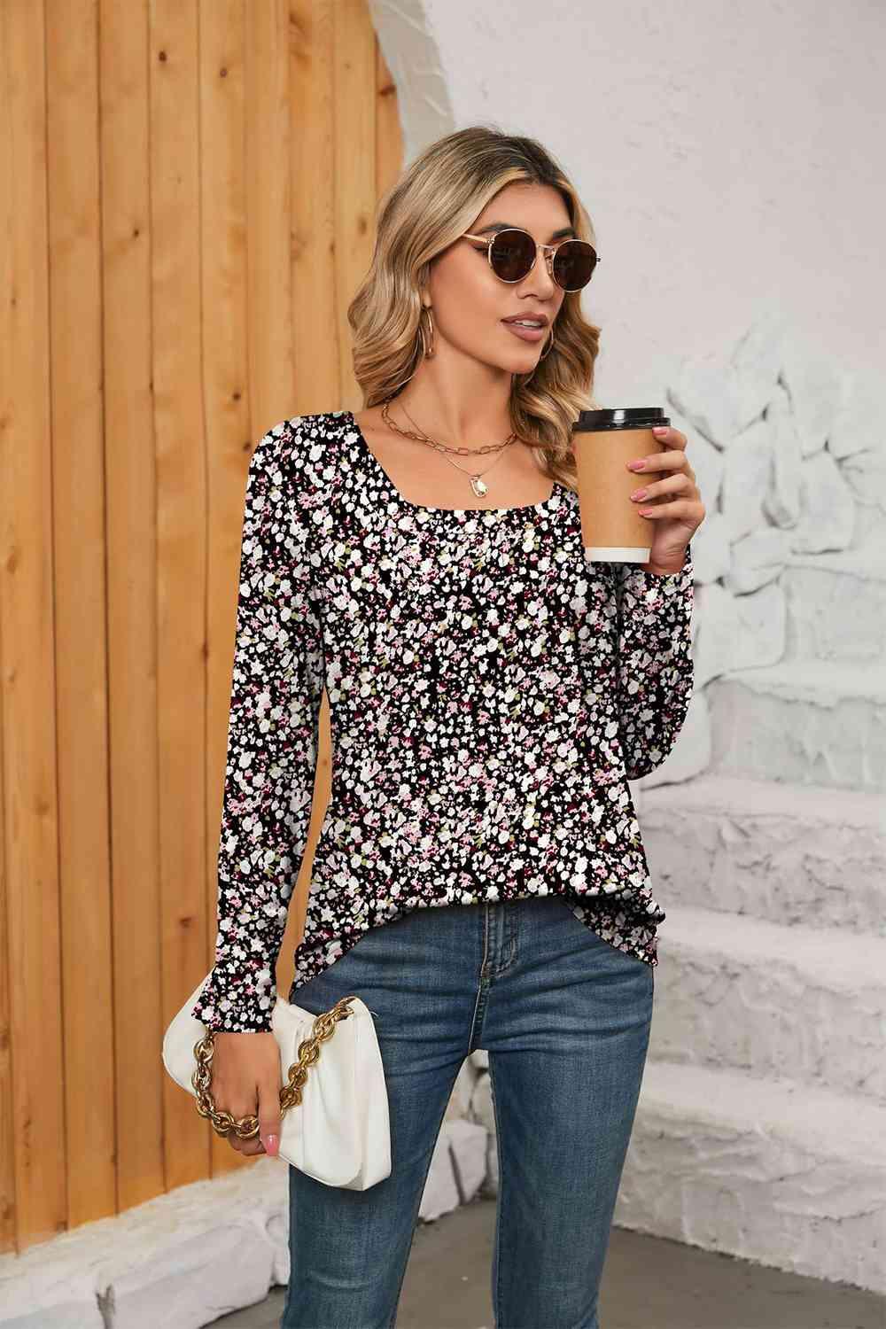 Printed Square Neck Long Sleeve Blouse - Chic Yana's Fashion