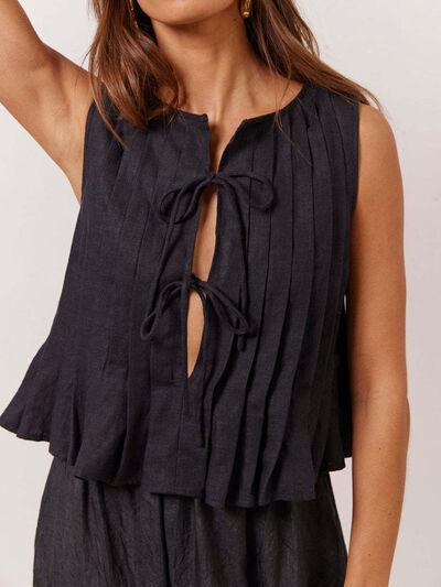 Lovelet Pleated Tied Round Neck Vest - Chic Yana's Fashion