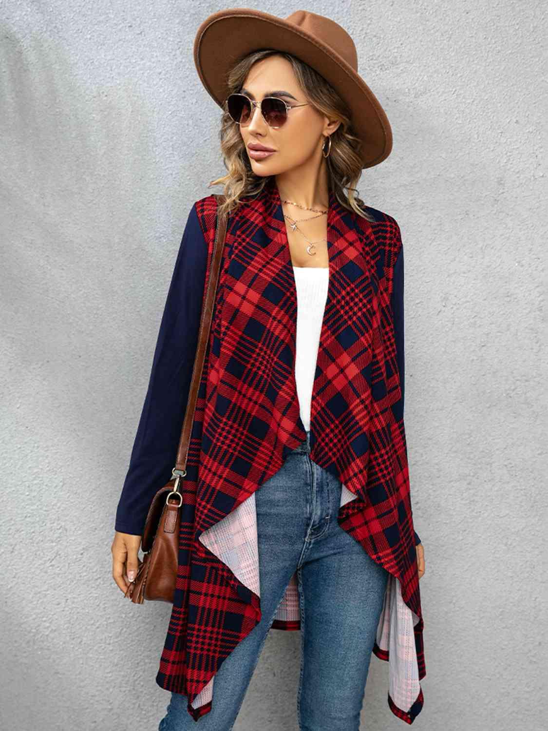 Shiny Plaid Open Front Cardigan - Chic Yana's Fashion