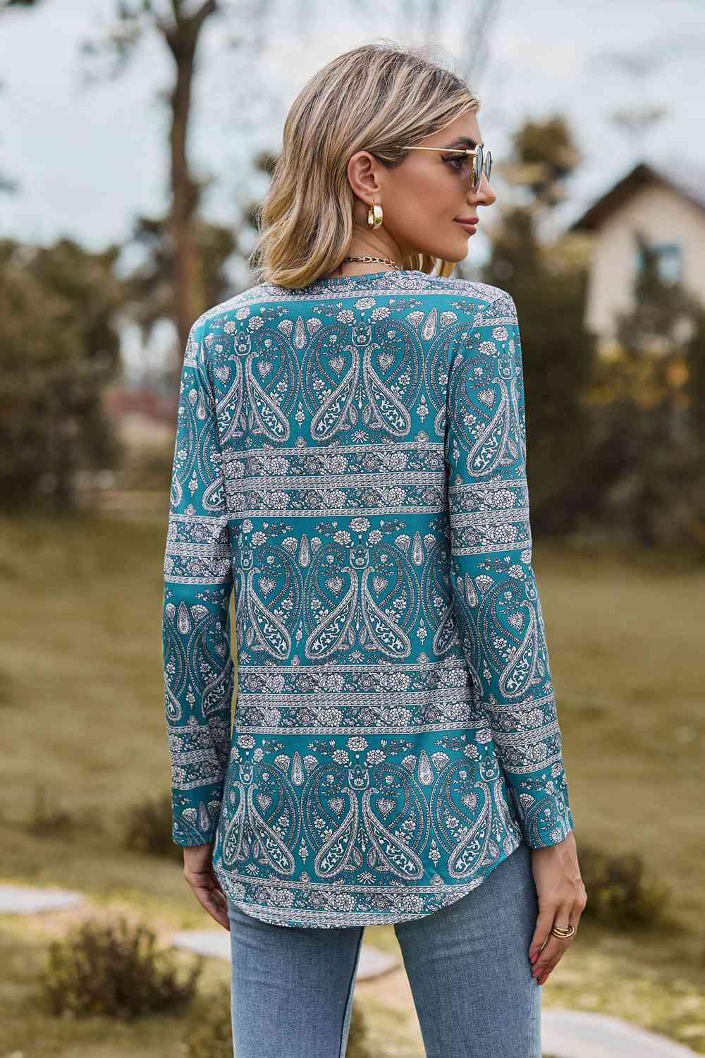 Printed Square Neck Long Sleeve Blouse - Chic Yana's Fashion