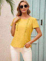 Ivy Lane Frill Round Neck Short Sleeve Blouse - Chic Yana's Fashion