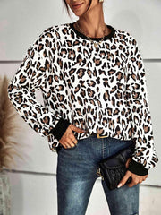 Leopard Round Neck Dropped Shoulder Sweatshirt - Chic Yana's Fashion