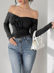 Perfee Ruched Flower Off Shoulder Long Sleeve Bodysuit - Chic Yana's Fashion