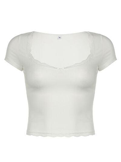 Lace Detail Sweetheart Neck Short Sleeve T Shirt - Chic Yana's Fashion