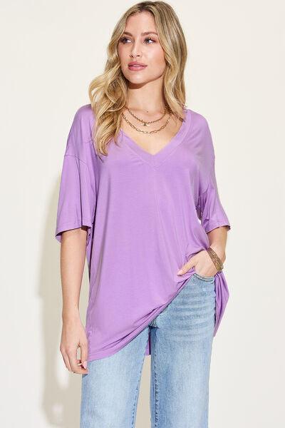 Basic Bae Full Size Bamboo V Neck Drop Shoulder T Shirt - Chic Yana's Fashion