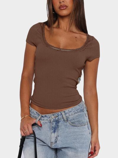 Lace Detail Scoop Neck Short Sleeve T Shirt - Chic Yana's Fashion