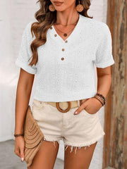 Ivy Lane Eyelet V Neck Short Sleeve Top - Chic Yana's Fashion