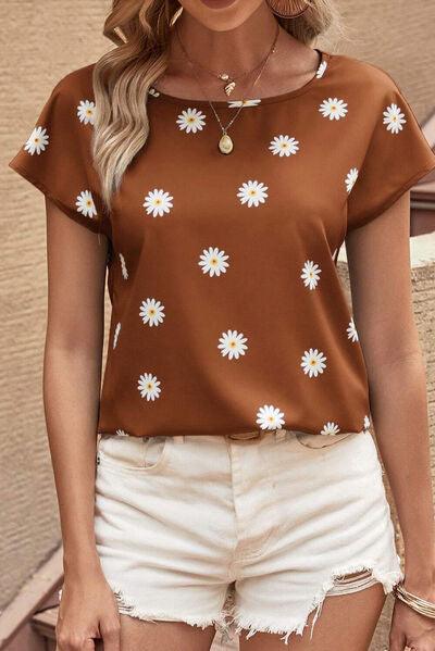 Daisy Printed Round Neck Short Sleeve Blouse - Chic Yana's Fashion