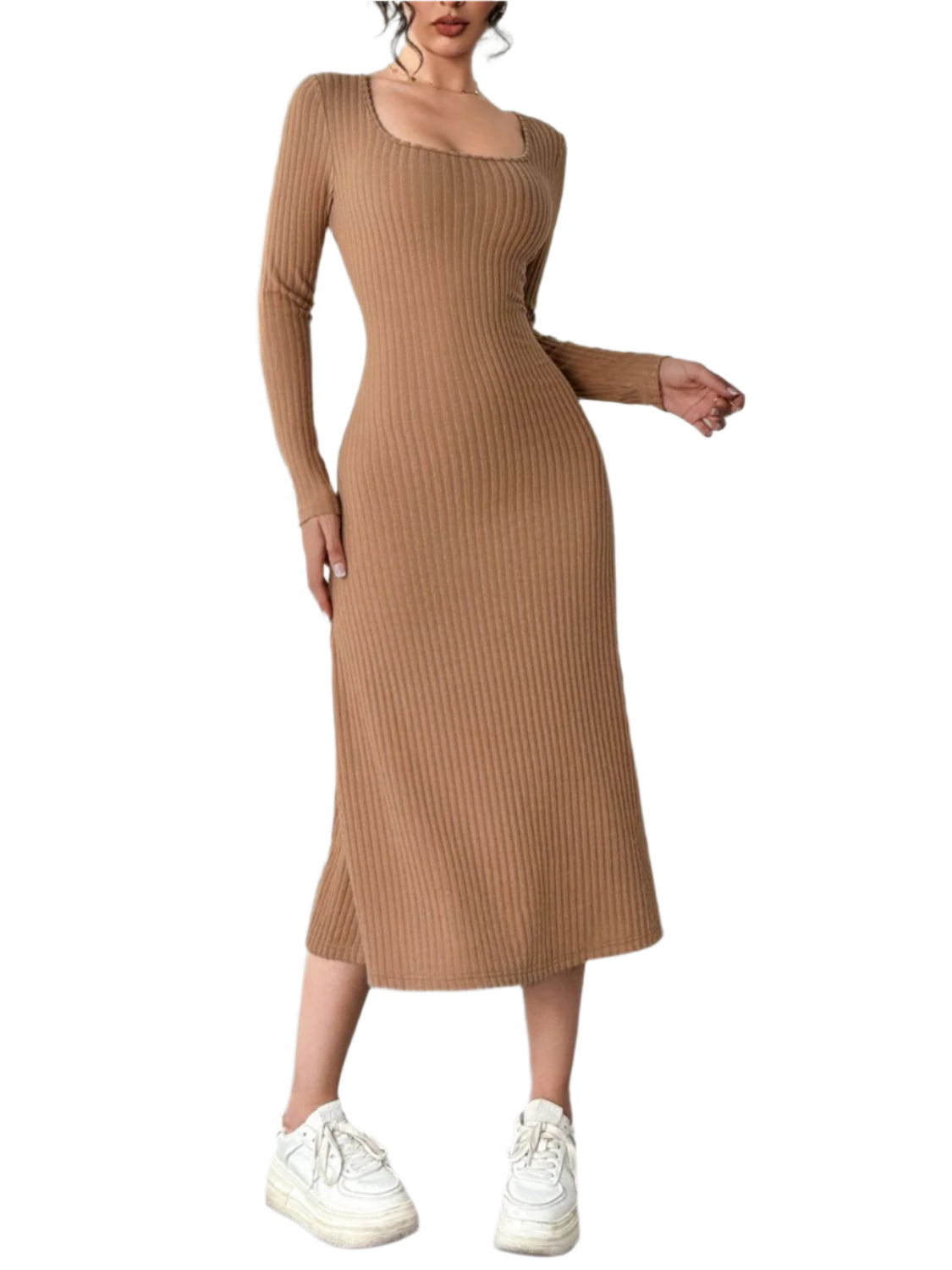 Square Neck Long Sleeve Midi Wrap Dress - High-Quality Fashion | Chic Yana