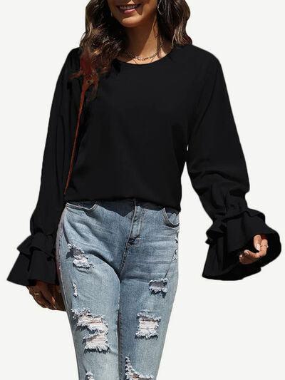 Round Neck Double Layered Flounce Sleeve Top - Chic Yana's Fashion