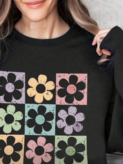 Flower Round Neck Long Sleeve Sweatshirt - Chic Yana's Fashion