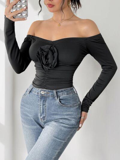 Perfee Ruched Flower Off Shoulder Long Sleeve Bodysuit - Chic Yana's Fashion