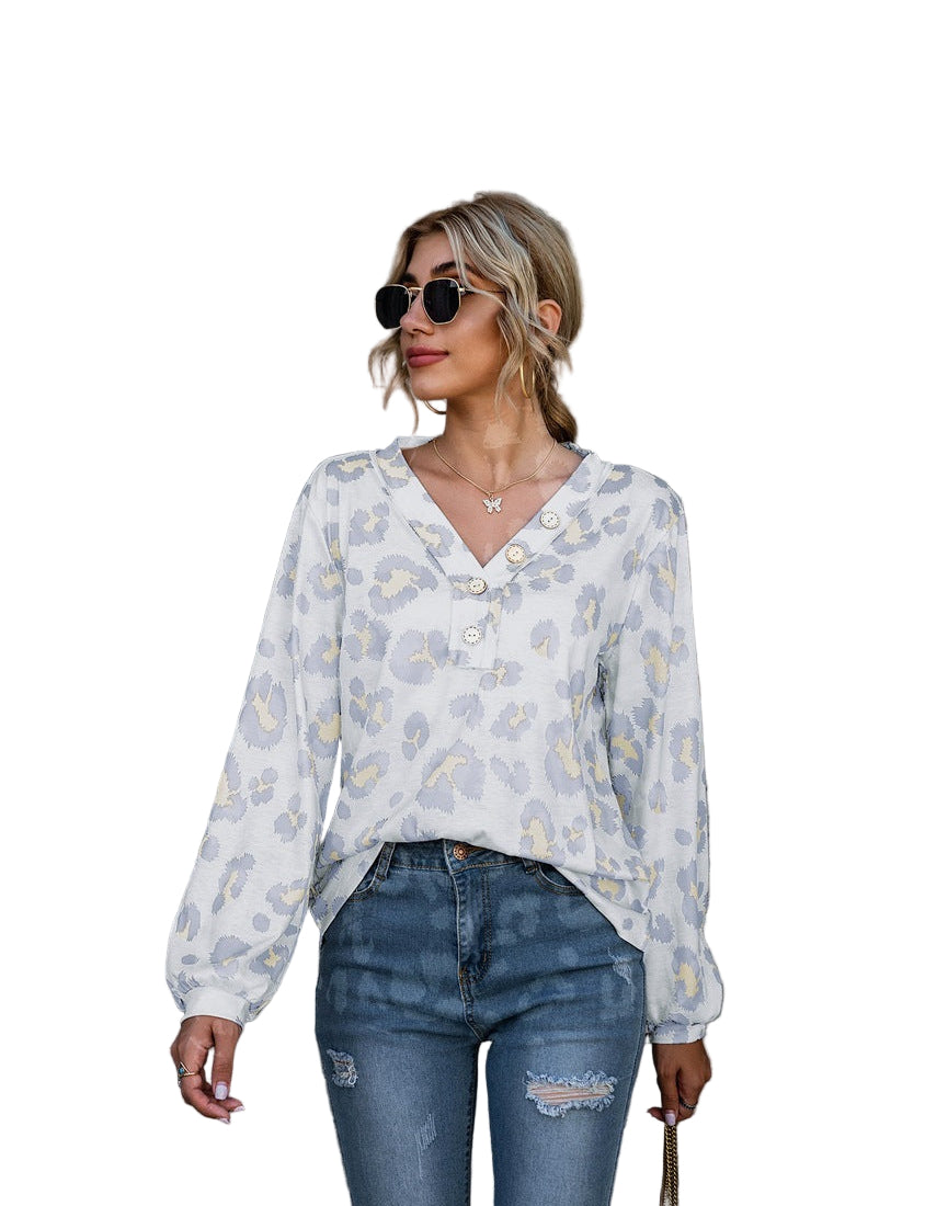 Chic Yana Fashion Leopard Print V-Neck Long Sleeve Women's T Shirt