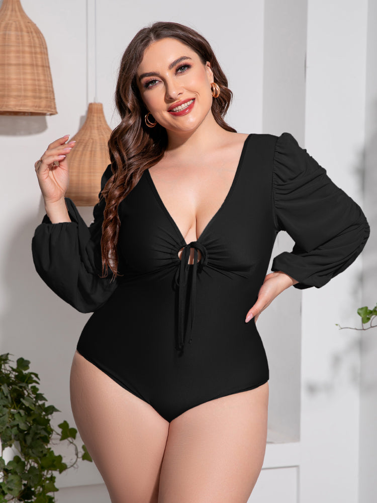 Plus Size Tied Deep V Balloon Sleeve One Piece Swimsuit - Stylish and Trendy Women's Fashion from Chic Yana's Fashion