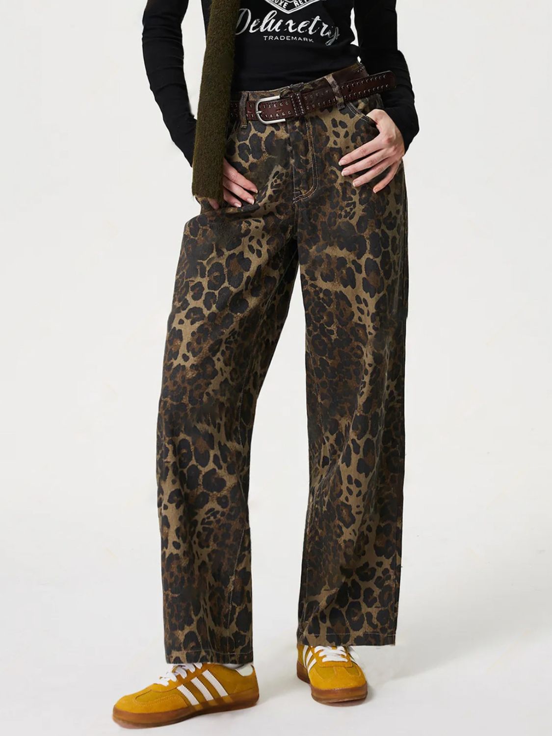 Leopard Straight Jeans with Pockets – A Bottoms designed for style and comfort.