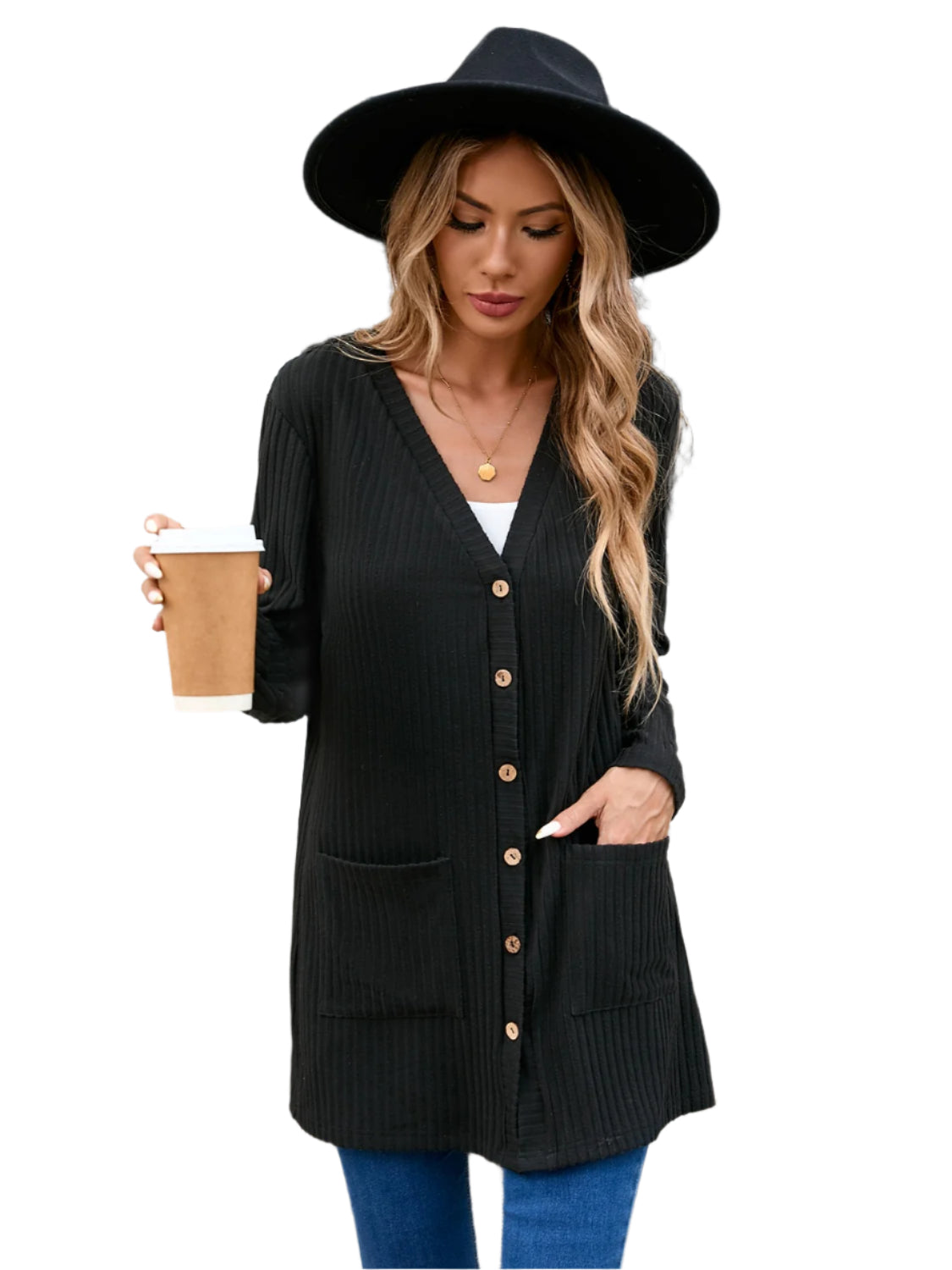 Ribbed Button Down V-Neck Long Sleeve Cardigan - Chic Yana’s Fashion
