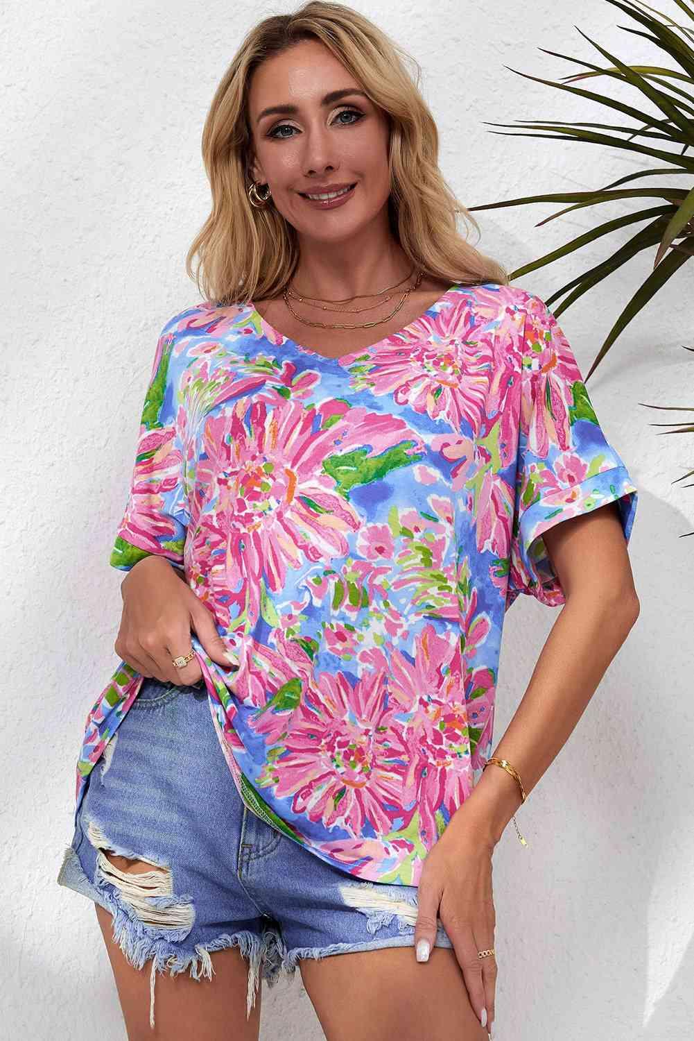 Floral V Neck Short Sleeve Blouse - Chic Yana's Fashion