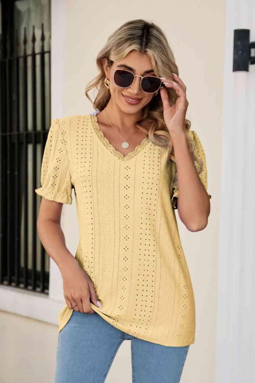 Eyelet Flounce Sleeve Scalloped V Neck Top - Chic Yana's Fashion