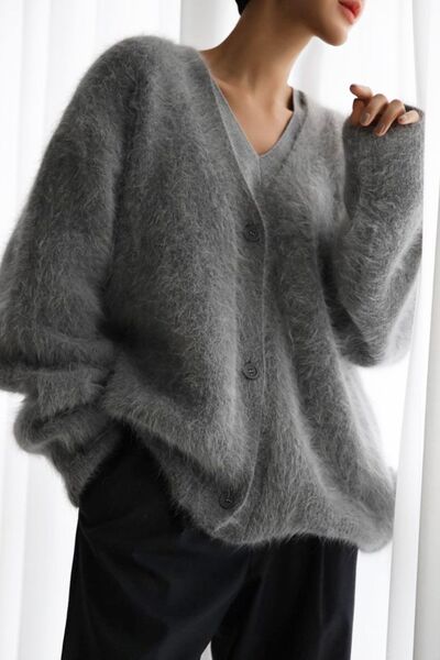 Fuzzy Button Down Long Sleeve Cardigan - Chic Yana's Fashion