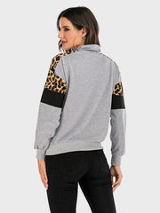 Perfee Contrast Leopard Half Zip Long Sleeve Sweatshirt - Chic Yana's Fashion