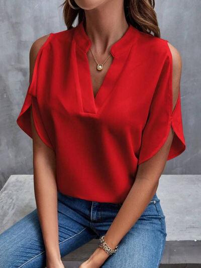 Notched Cold Shoulder Half Sleeve Blouse - Chic Yana's Fashion