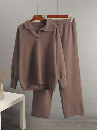 Johnny Collar Long Sleeve Top And Pants Sweater Set - Chic Yana's Fashion