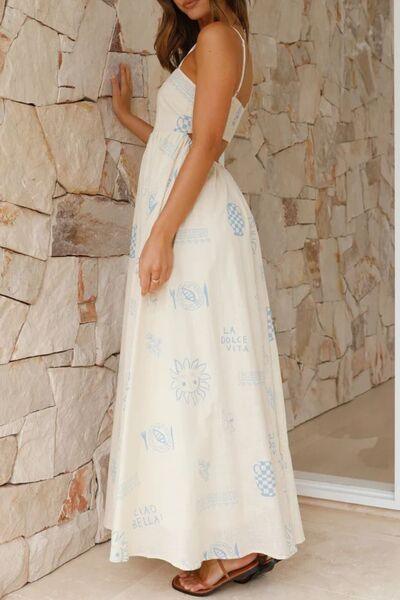 Cutout Back Printed Square Neck Maxi Dress - Chic Yana's Fashion