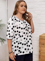 Plus Size Polka Dot Round Neck Half Sleeve Blouse - Chic Yana's Fashion