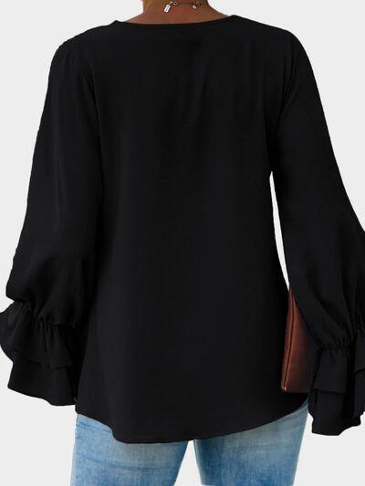 Round Neck Double Layered Flounce Sleeve Top - Chic Yana's Fashion