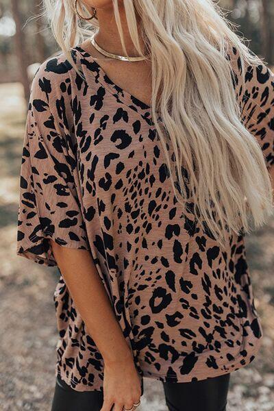 Leopard V Neck Half Sleeve T Shirt - Chic Yana's Fashion