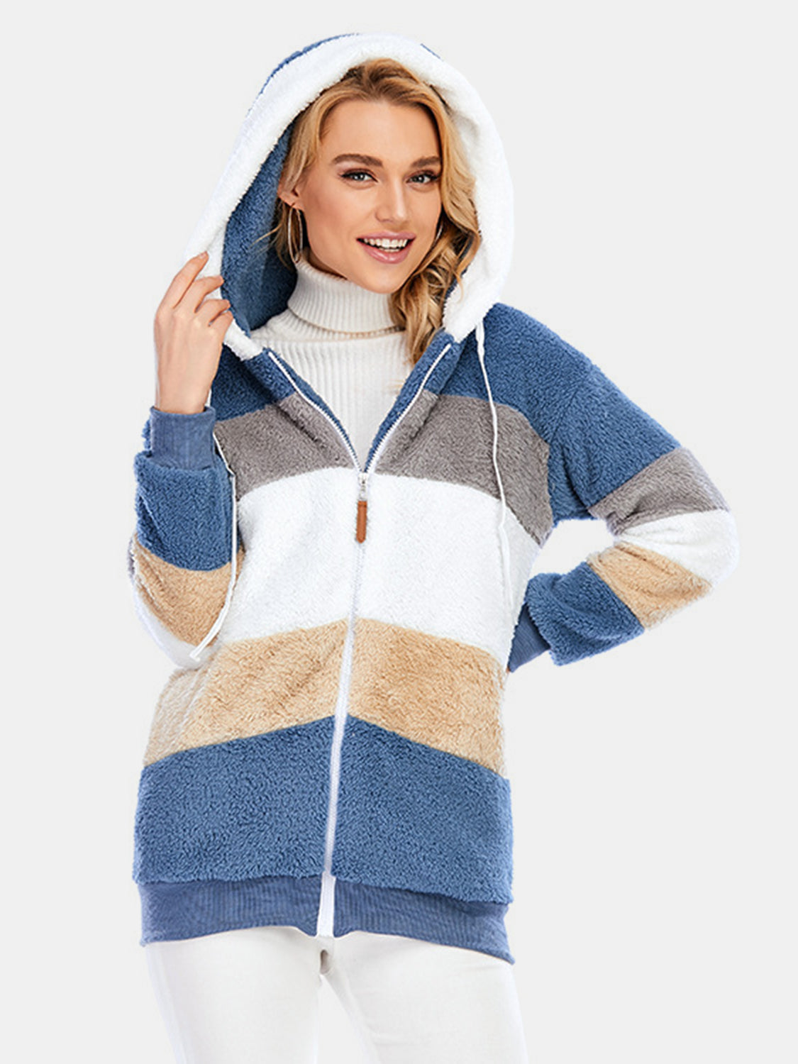 Full Size Drawstring Color Block Zip Up Hooded Outerwear - Chic Yana’s Fashion