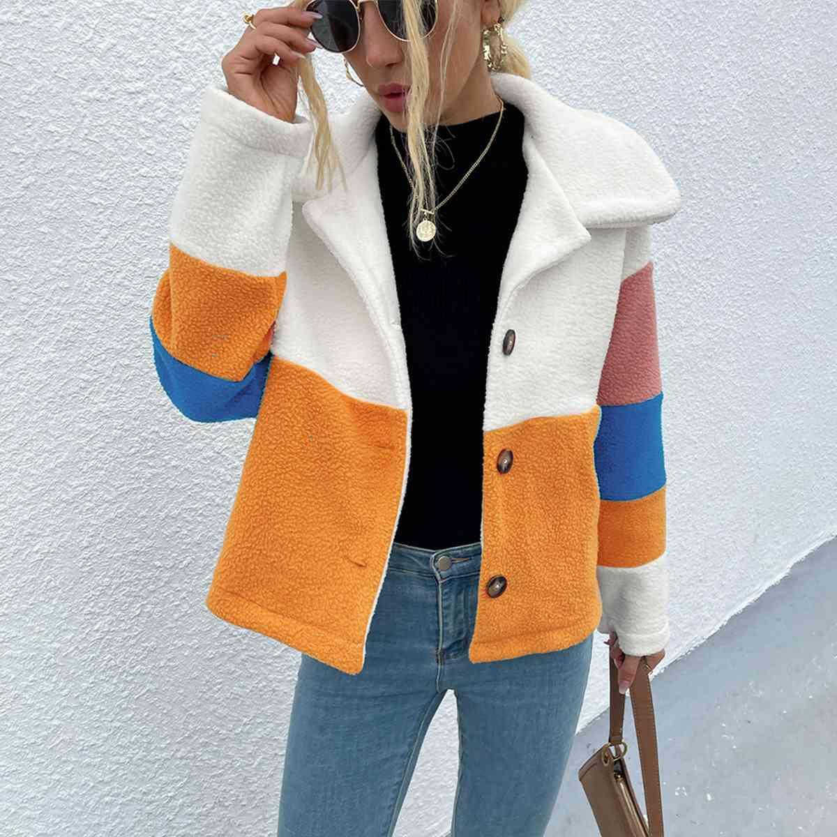 Shiny Color Block Button Down Collared Jacket - Chic Yana's Fashion