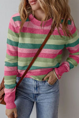 Striped Round Neck Long Sleeve Sweater - Chic Yana's Fashion