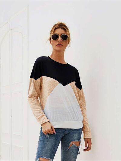 Color Block Round Neck Long Sleeve Top - Chic Yana's Fashion