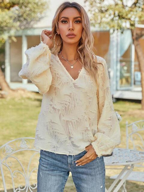 V Neck Long Sleeve Blouse - Chic Yana's Fashion