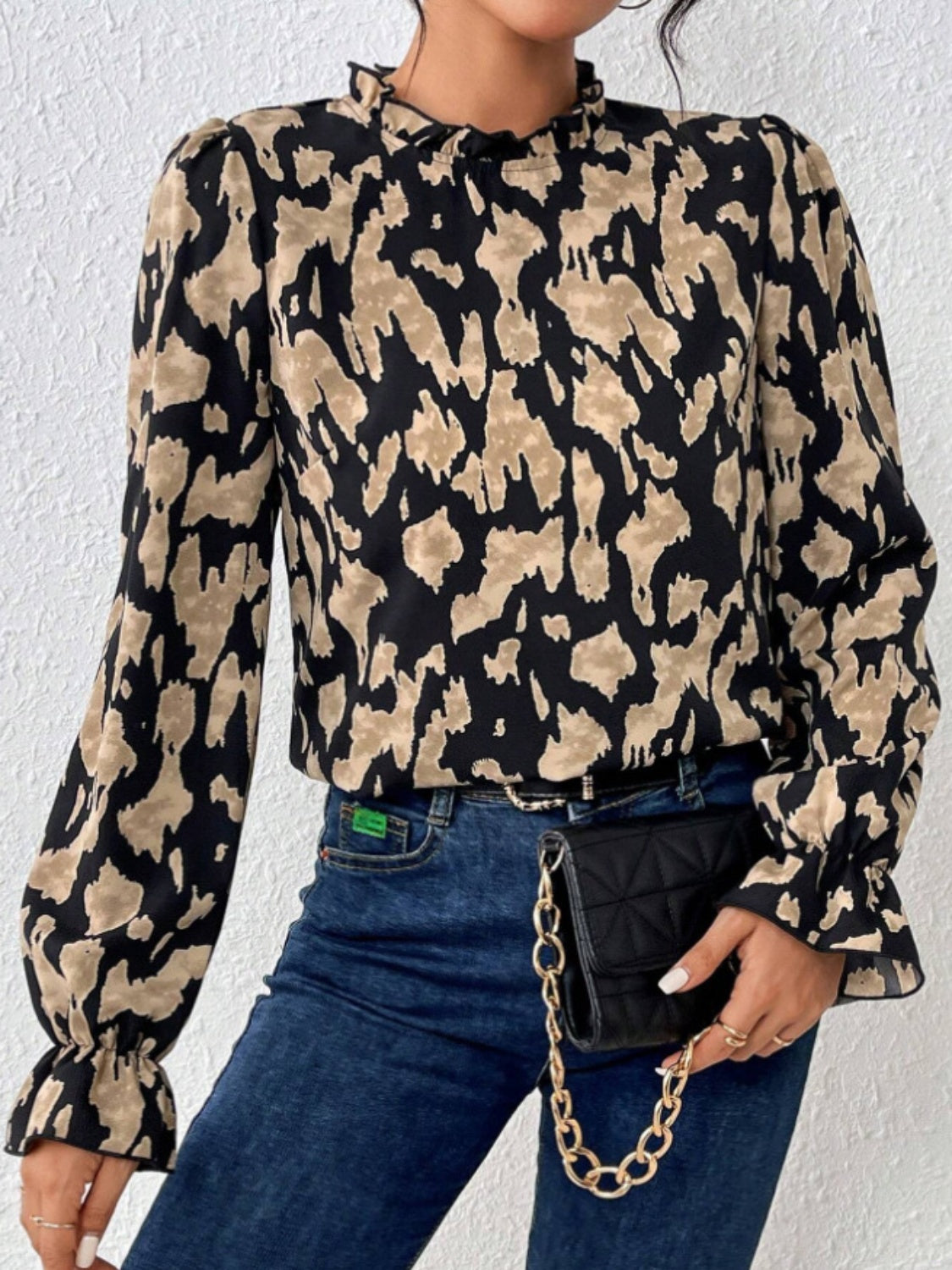 Frill Leopard Mock Neck Flounce Sleeve Blouse – A Tops designed for style and comfort.