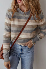 Striped Round Neck Long Sleeve Sweater - Chic Yana's Fashion