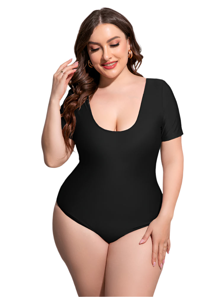 Plus Size Scoop Neck Short Sleeve One-Piece Swimsuit - Stylish and Trendy Women's Fashion from Chic Yana's Fashion