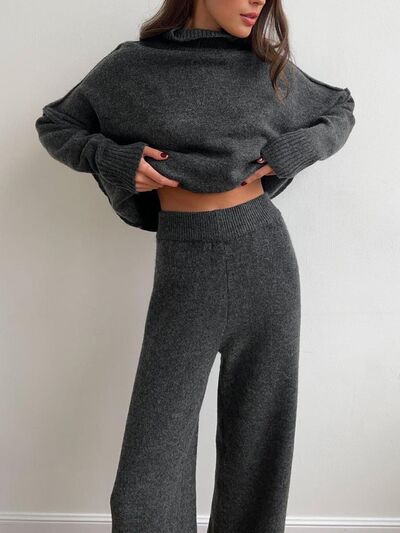 Slit Turtleneck Long Sleeve Top And Pants Sweater Set - Chic Yana's Fashion