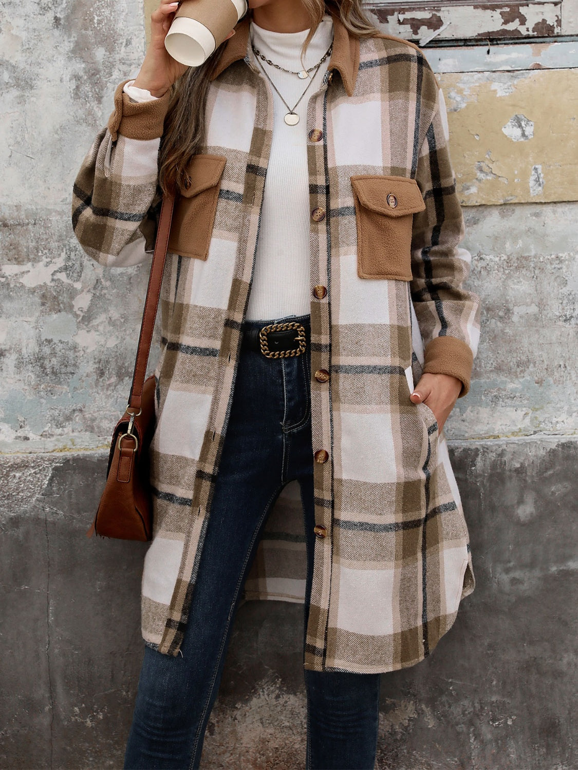 Perfee Plaid Button Up Long Sleeve Coat - Chic Yana’s Fashion