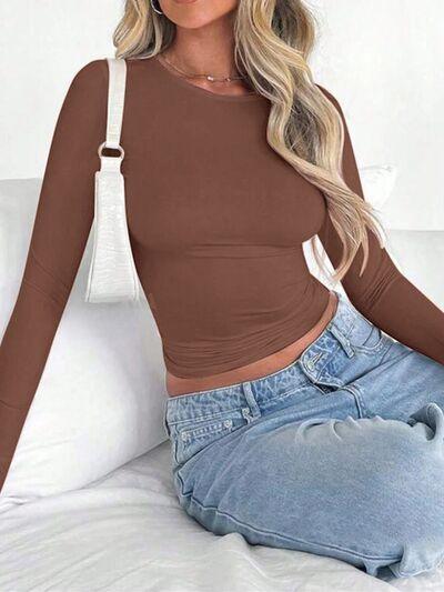 Solid Color Round Neck Long Sleeve T Shirt - Chic Yana's Fashion