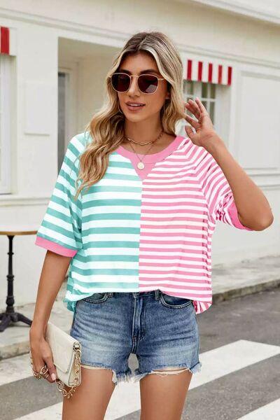 Striped Round Neck Half Sleeve T Shirt 1 - Chic Yana's Fashion