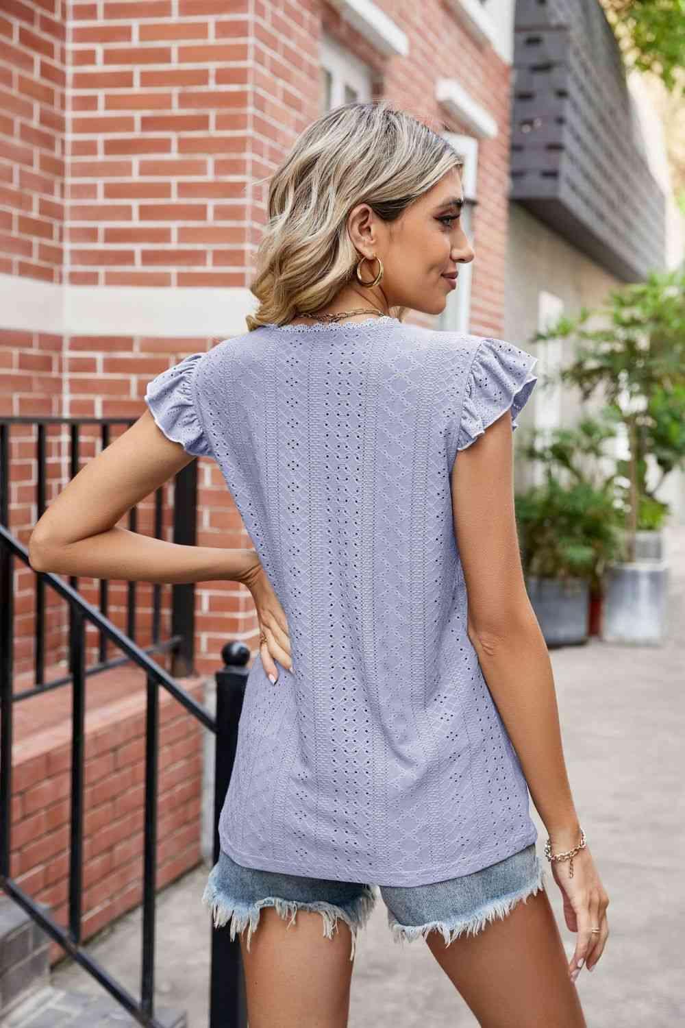 Eyelet Flutter Sleeve Scalloped V Neck Top - Chic Yana's Fashion