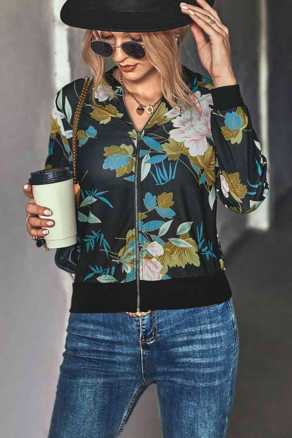 Floral Zip Up Ribbed Trim Bomber Jacket - Chic Yana's Fashion