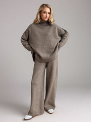 Slit Turtleneck Long Sleeve Top And Pants Sweater Set - Chic Yana's Fashion