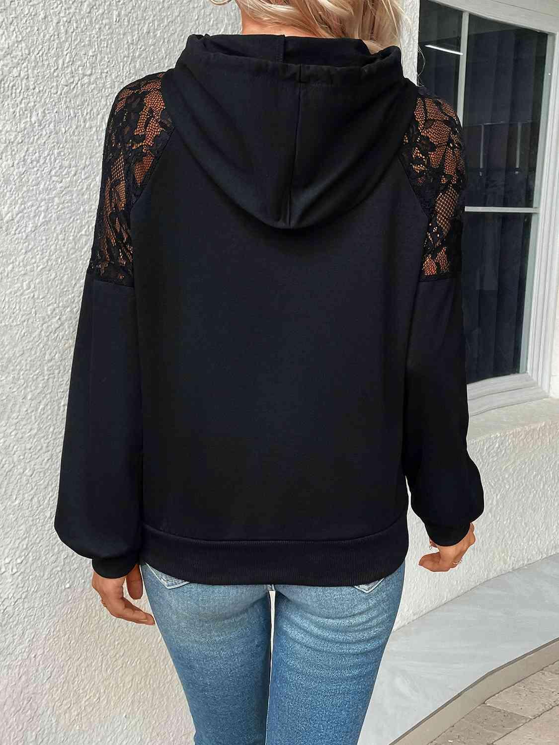 Perfee Lace Detail Drawstring Long Sleeve Hoodie - Chic Yana's Fashion