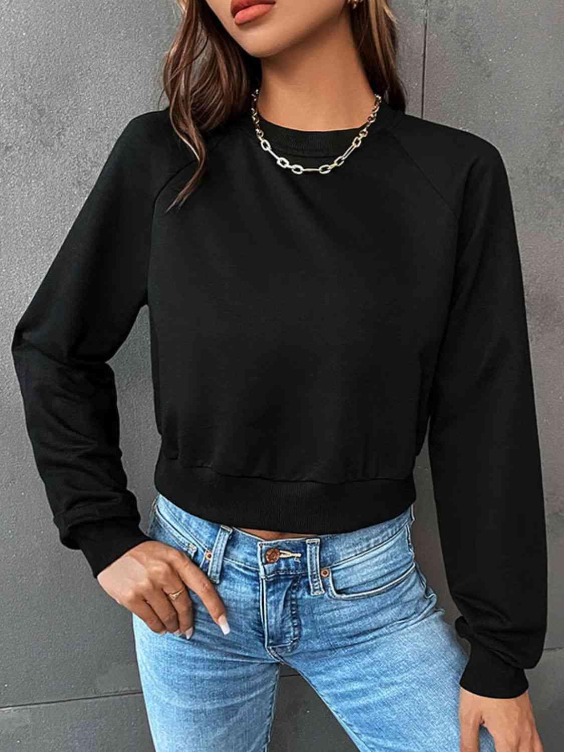 Perfee Raglan Sleeve Round Neck Cropped Sweatshirt - Chic Yana's Fashion